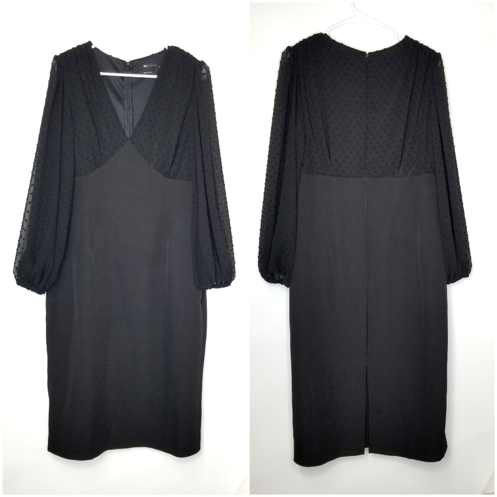 ASOS Black Curved V-neck Textured Balloon Sleeves Midi Casual Dress, Size 10